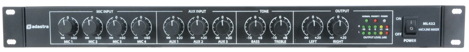 Adastra ML432 1U Ultra İnce 4 Kanal Mikser 4 Mic-3 Stereo Aux Giriş +20V Phantom