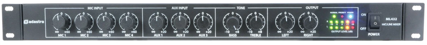Adastra ML432 1U Ultra İnce 4 Kanal Mikser 4 Mic-3 Stereo Aux Giriş +20V Phantom