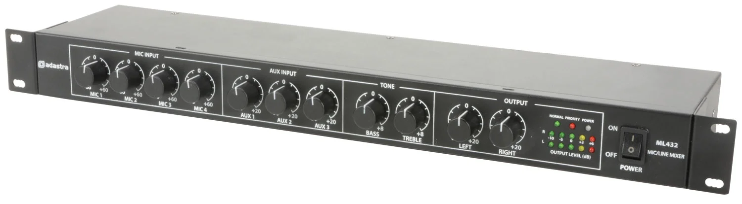 Adastra ML432 1U Ultra İnce 4 Kanal Mikser 4 Mic-3 Stereo Aux Giriş +20V Phantom
