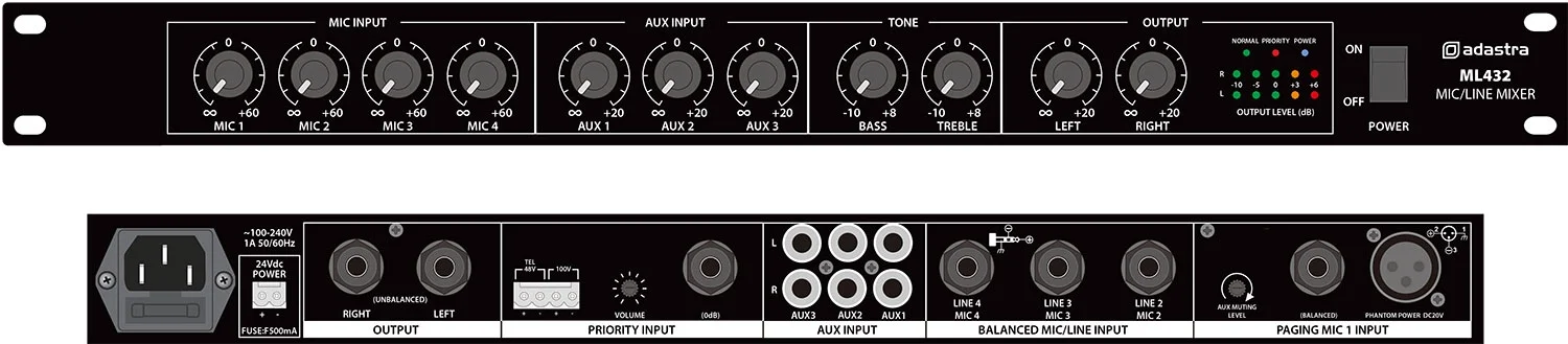 Adastra ML432 1U Ultra İnce 4 Kanal Mikser 4 Mic-3 Stereo Aux Giriş +20V Phantom