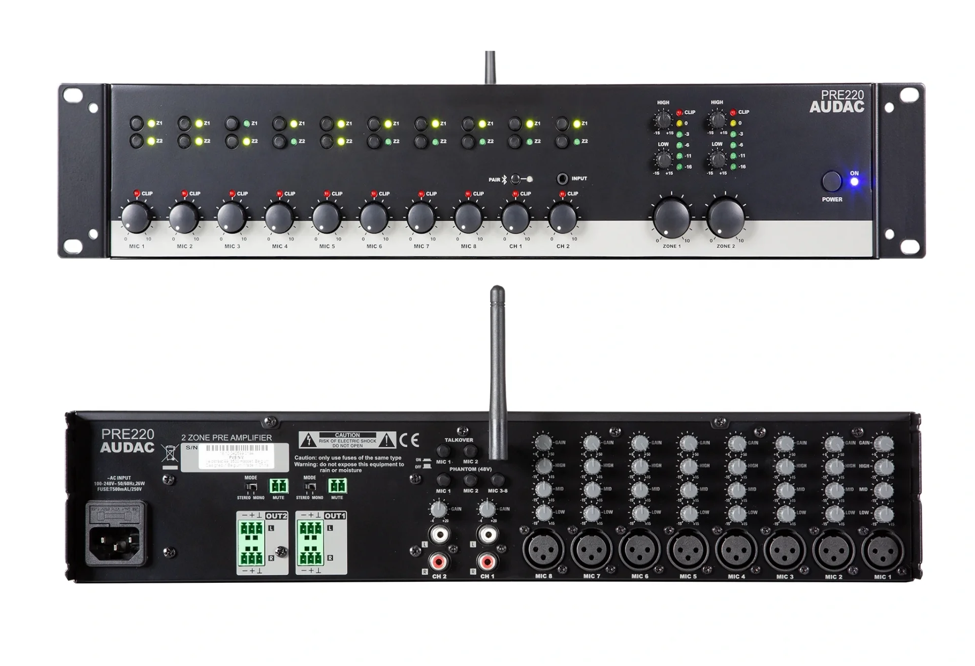 Audac PRE220 | 2-zone 10-kanal Stereo Preamplifier Mixer | Bluetooth 4.2