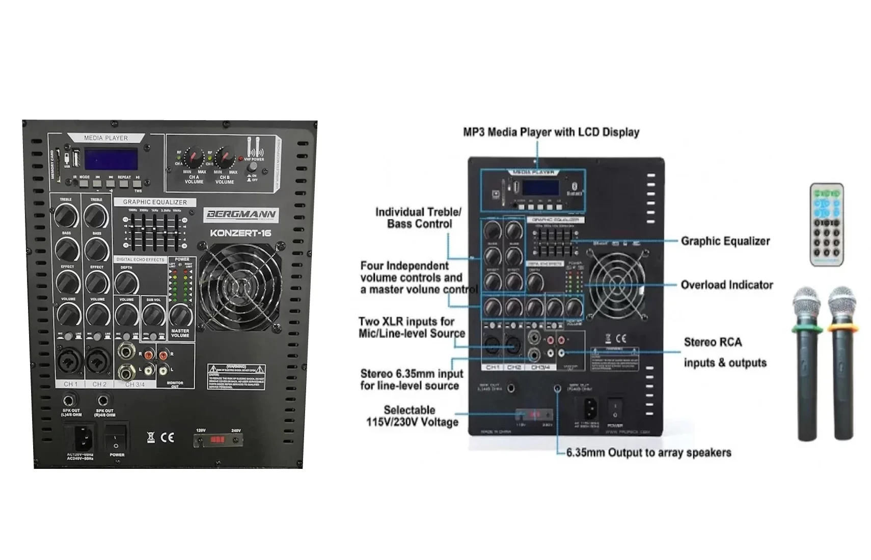 Bergmann SUB-16 15" Aktif Sub Compact Mixer + Player + Mikrofon 1000W, USB, Bluetooth