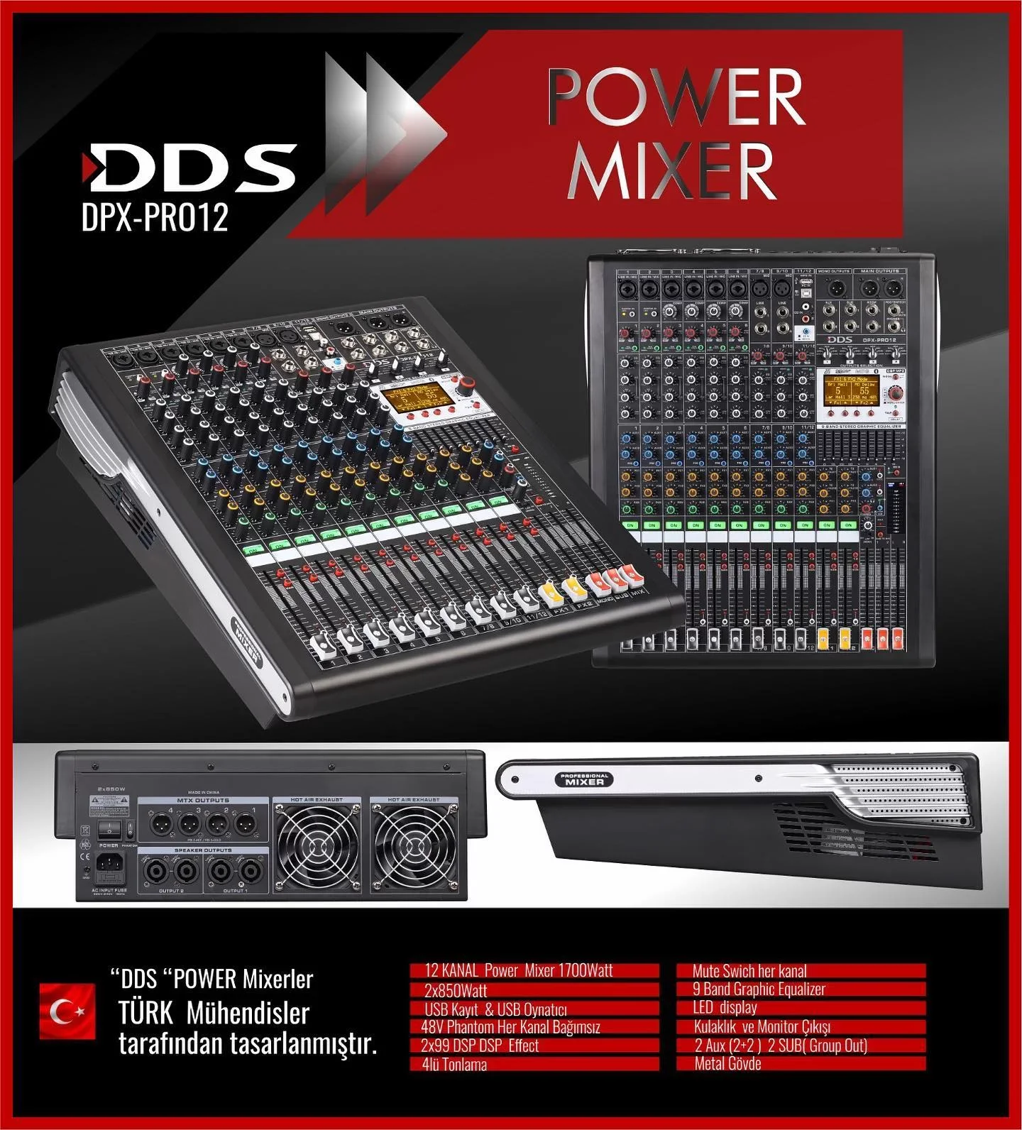 DDS DPX-PRO12 Powermixer 2x850W/4-ohm 12 Kanal Çift Efekt