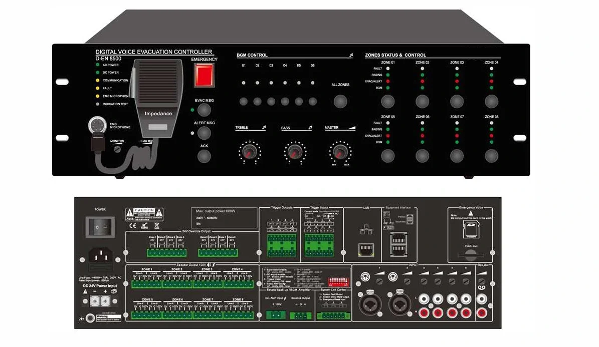 Dexun 34088 Controller 600W 8-Zone EVAC EN54-16 Sertifikalı, Acil Anons Sistemi Merkez Ünite