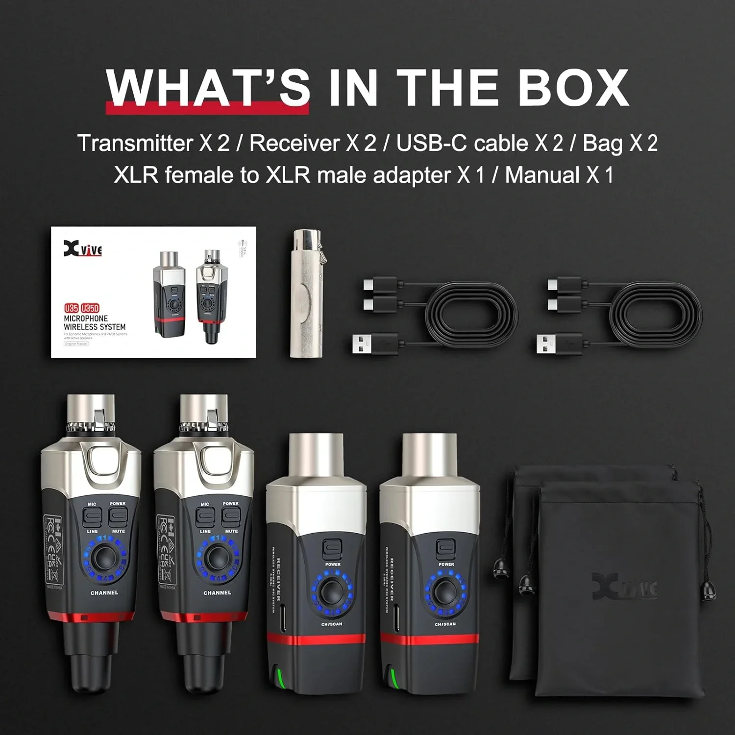 Xvive XV-U35D Kablosuz Mikrofon Sistemi - Çift Mikrofon için Alıcı + Verici Set, Kablolu Mikrofonu Kablosuza çevirici