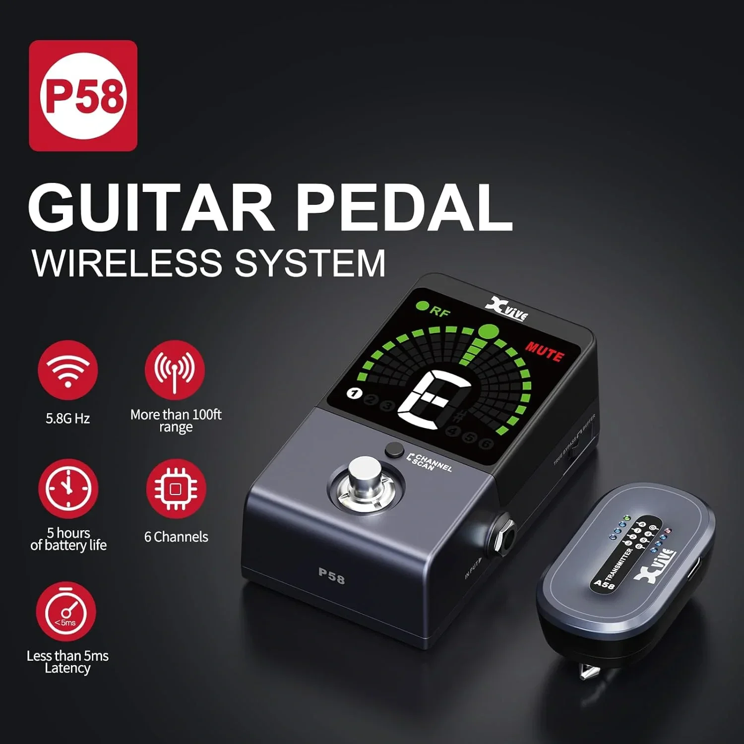 Xvive XV-P58 Akort Aletli Receiver Pedallı 5.8GHZ Kablosuz Gitar Bağlantı Sistemi - Siyah