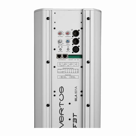 FBT MLA 801A | 8-way Bass reflex Aktif HF Line Array Column - 8x0,75” HF
drivers - 8x50Wrms - Direct. control +5°/-25°