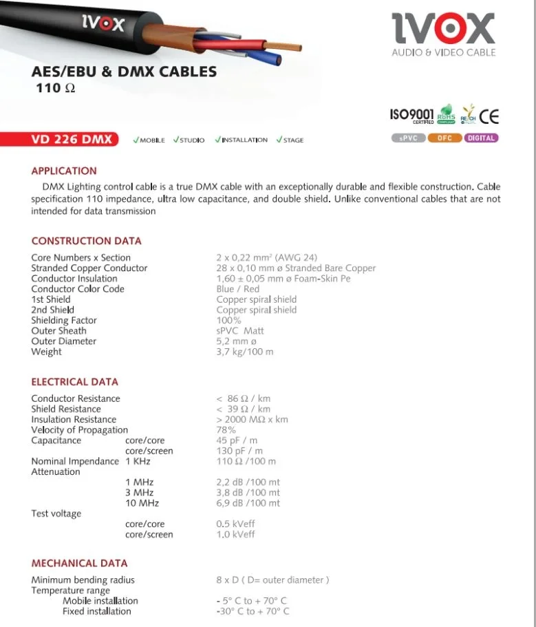 IVOX VD 426 DMX Kablosu 5-pin uyumlu 4x0,22mm. 110-ohm