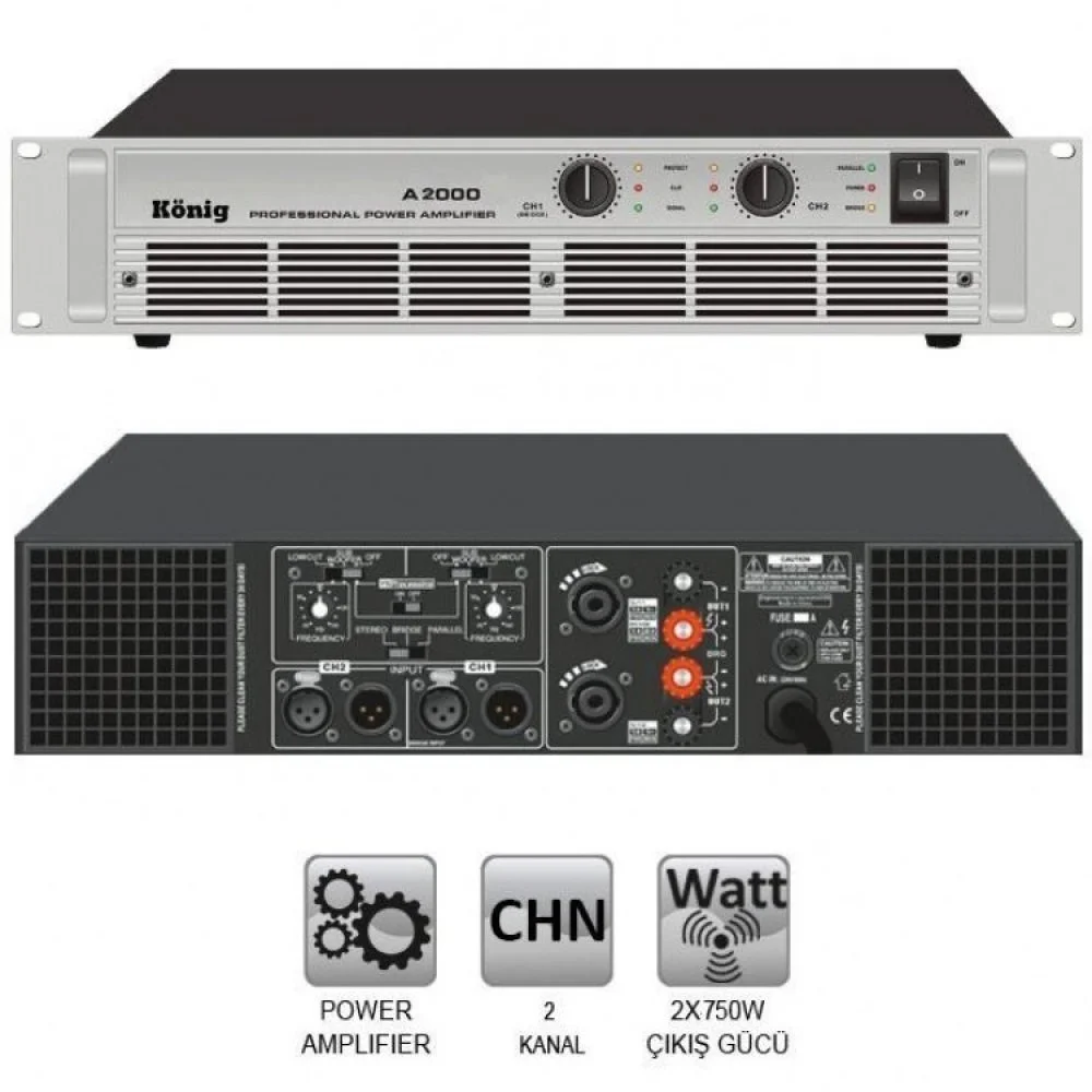 König A-2000 2x850W/4-ohm Power Amplifikatör with crossover