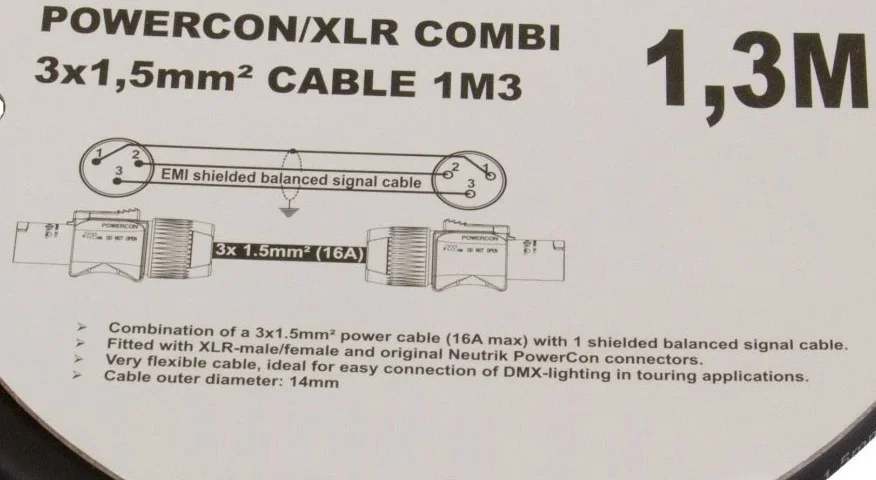 Metex DMX-PCA15xx Hybrid DMX &amp; Aktif Hoparlör Kablosu 1.3-metre (3x1,5mm + 2x0.22)