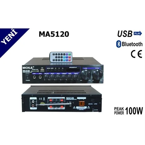 Mickle MA5120 Mini Amfi 2x50W/4-ohm, 12V/230V, Bluetooth, FM Radyo, USB/SD MP3 Player,