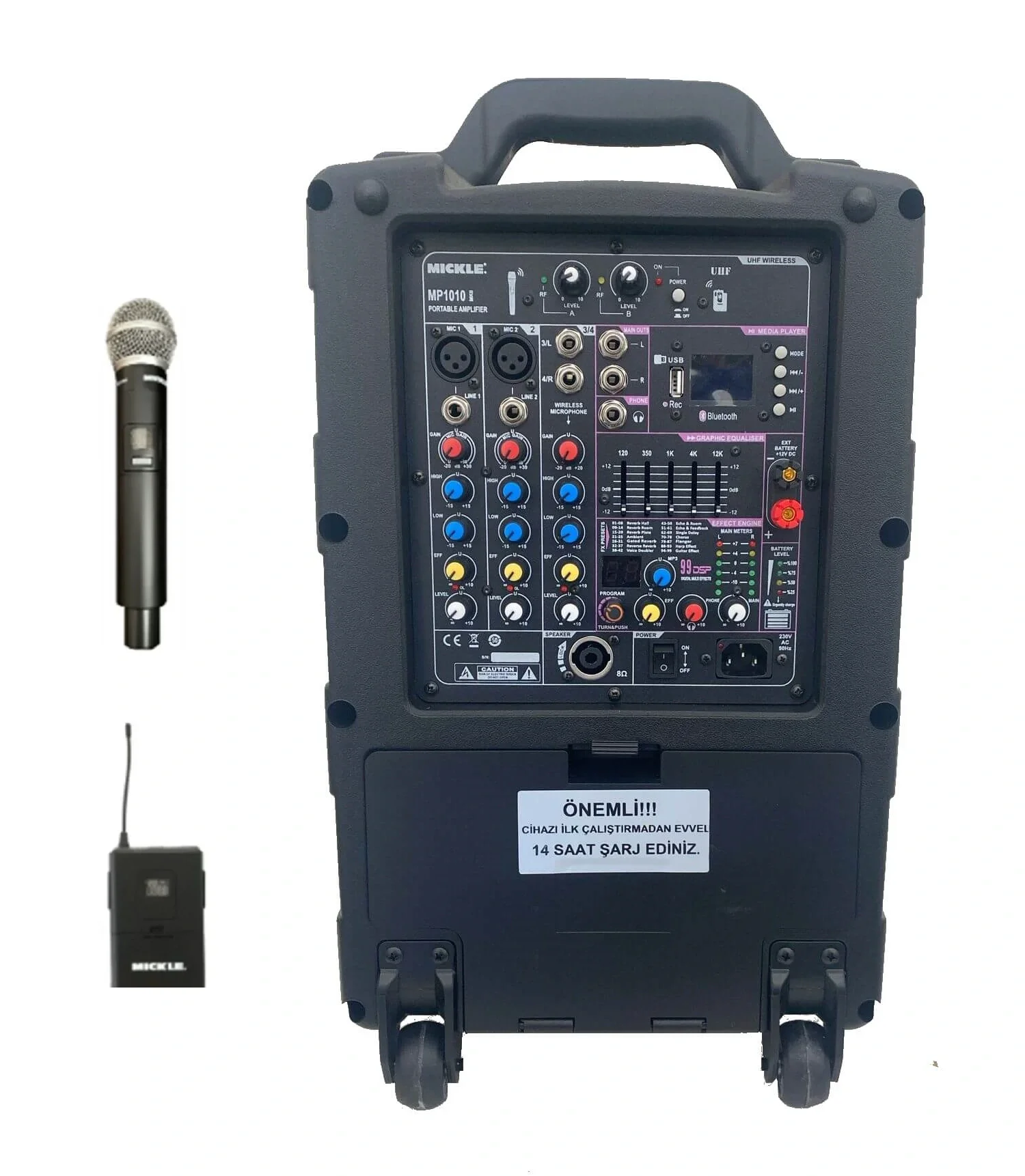 Mickle MP1010 10" Akülü Mobil Hoparlör, 300/600W 99 program Efekt, Çift Mikrofonlu