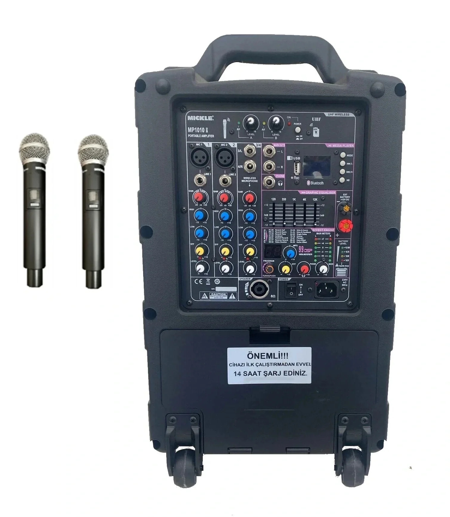 Mickle MP1010 10" Akülü Mobil Hoparlör, 300/600W 99 program Efekt, Çift Mikrofonlu