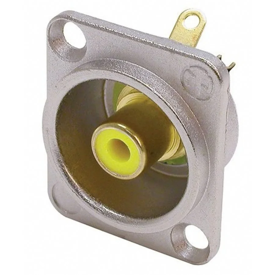 Neutrik NF2D-4 Phono socket in nickel D-shape housing, yellow isolation washers, solder version.