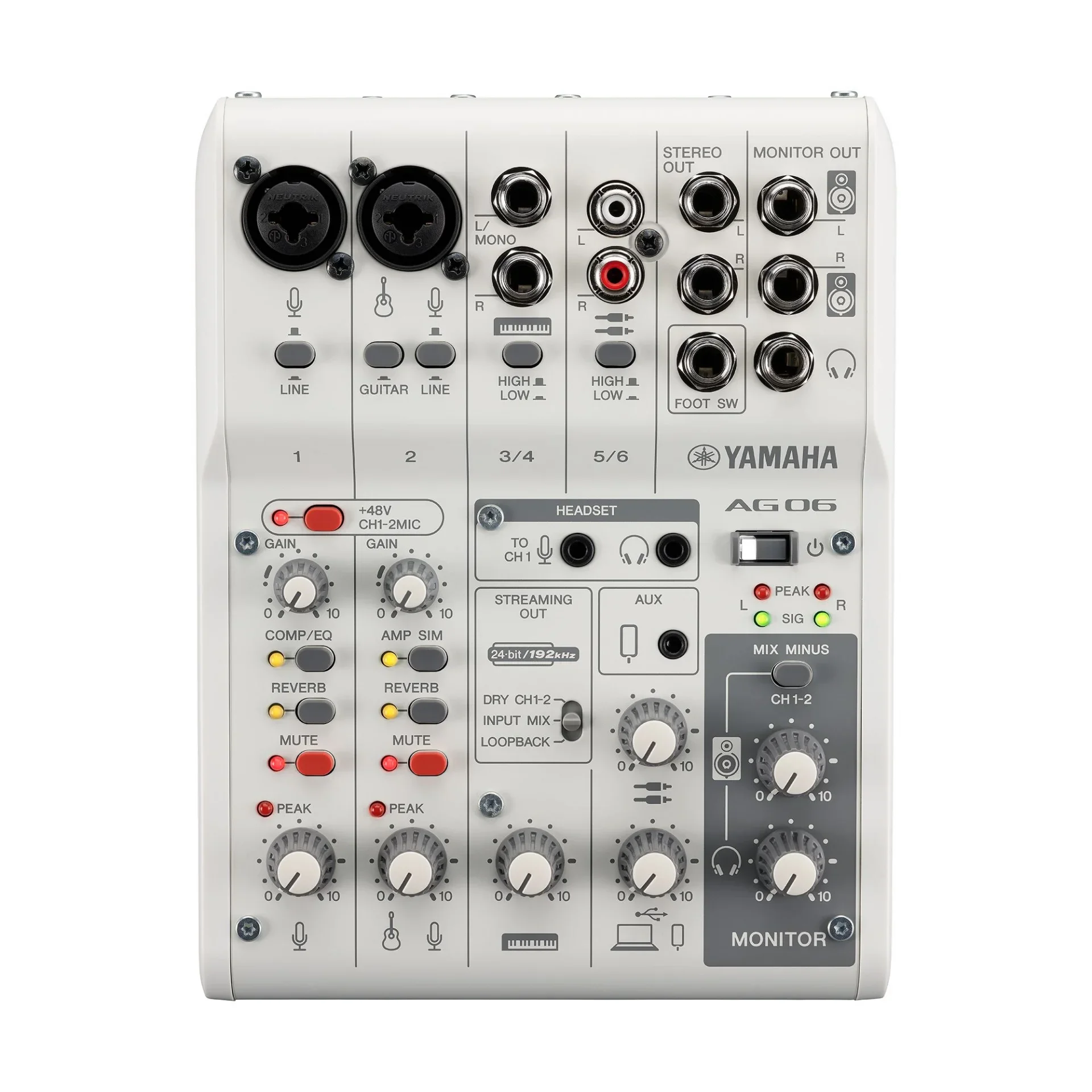 Yamaha AG06MK2 W 6 Kanallı Canlı Yayın Mikseri ve USB Ses Kartı, Beyaz