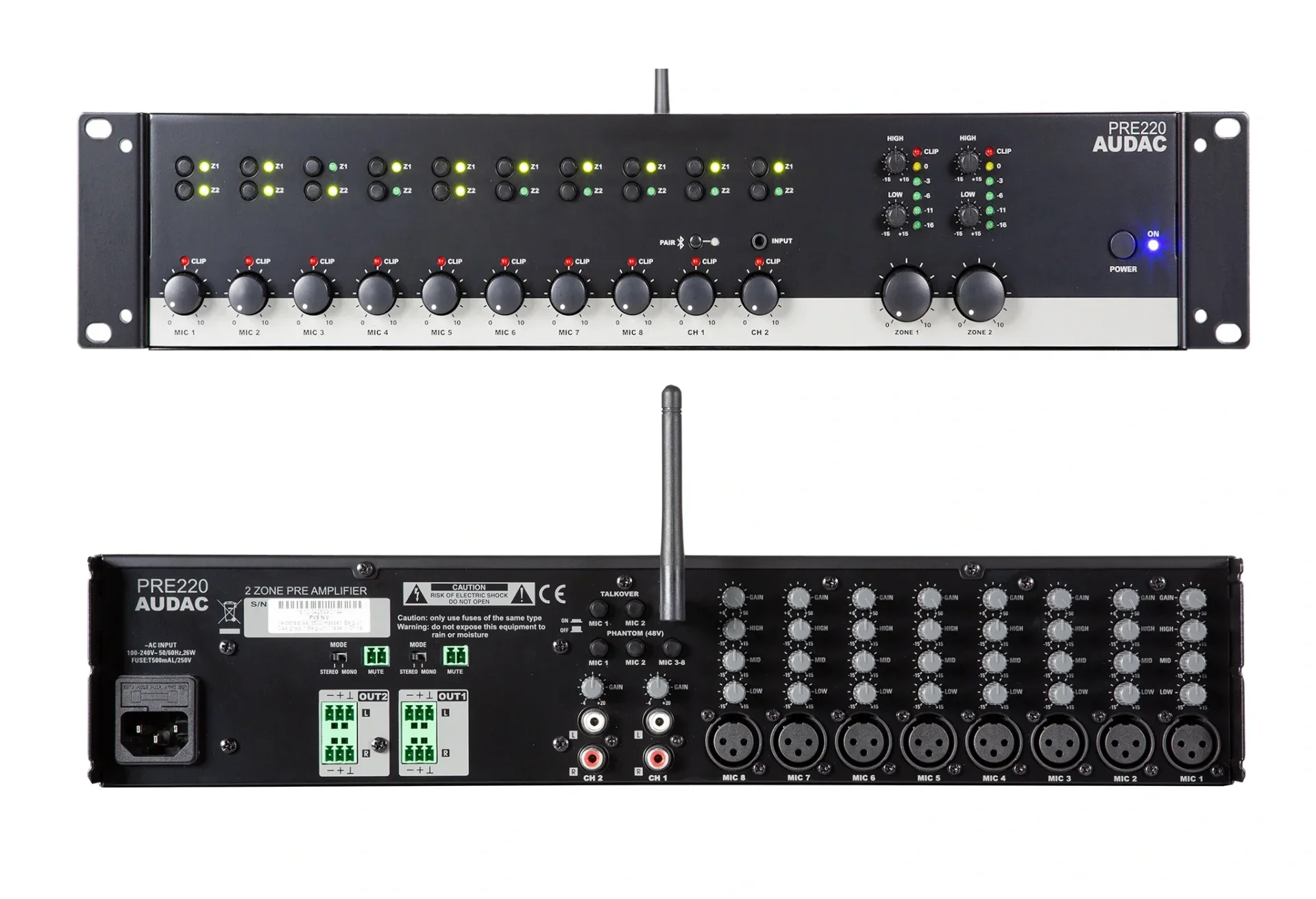 Audac PRE220 | 2-zone 10-kanal Stereo Preamplifier Mixer | Bluetooth 4.2