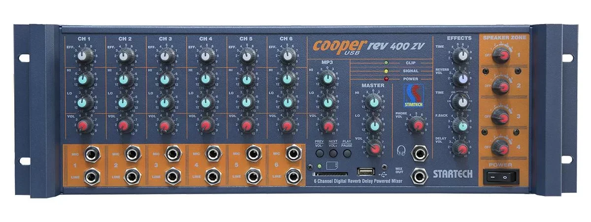 Startech COOPER REV 400-ZV USB 4 Zone Volüm Ayarlı Mikser Amfi 6 input 400W/4-ohm Echo & Reverb, İÇ+DIŞ