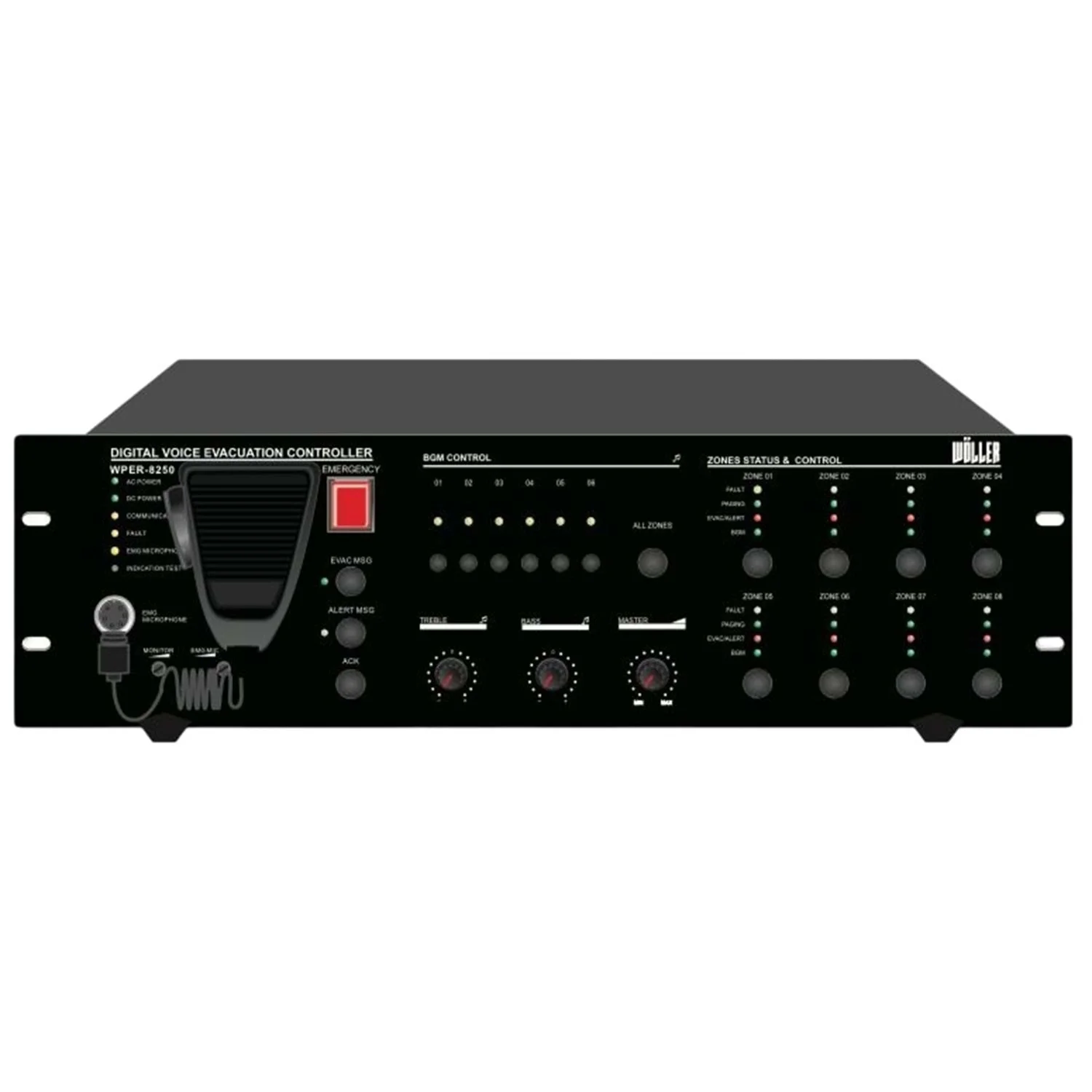 Wöller WPER-8500 8 Bölgeli EN54-16 Acil Anons Merkezi Ünitesi 500W/100V