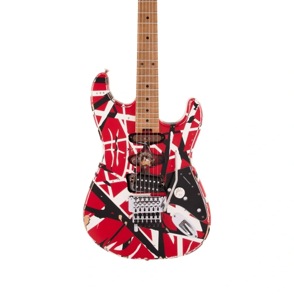 EVH Striped Frankenstein Frankie Akçaağaç Klavye Red with Black Stripes Relic Elektro Gitar