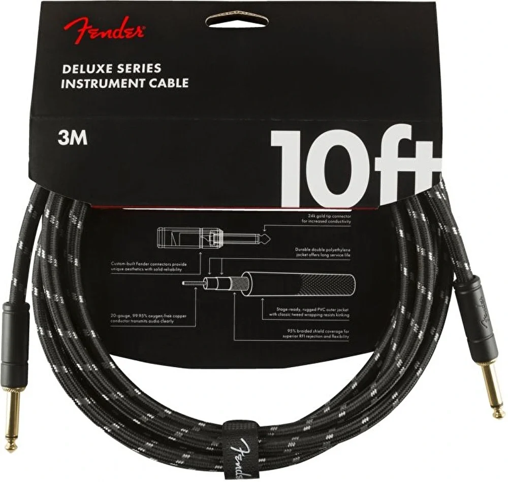 Fender Deluxe Düz Uç 3-metre Siyah Tweed Enstrüman Kablo