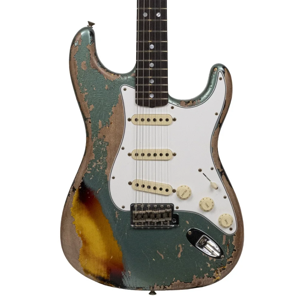Fender Custom Shop 1965 Stratocaster Super Heavy Relic Gülağacı Klavye Super Faded Aged Sherwood Green Metallic over 3 Ton Sunburst Elektro Gitar