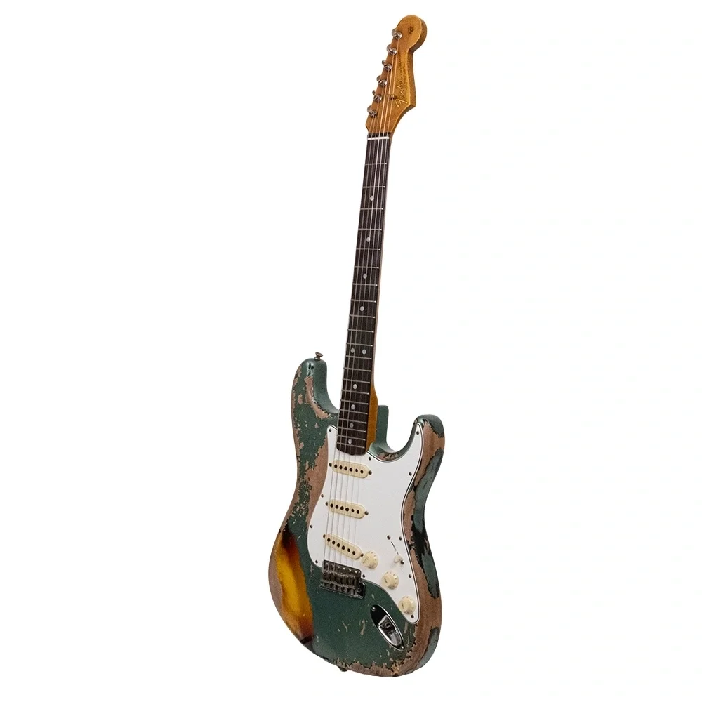 Fender Custom Shop 1965 Stratocaster Super Heavy Relic Gülağacı Klavye Super Faded Aged Sherwood Green Metallic over 3 Ton Sunburst Elektro Gitar