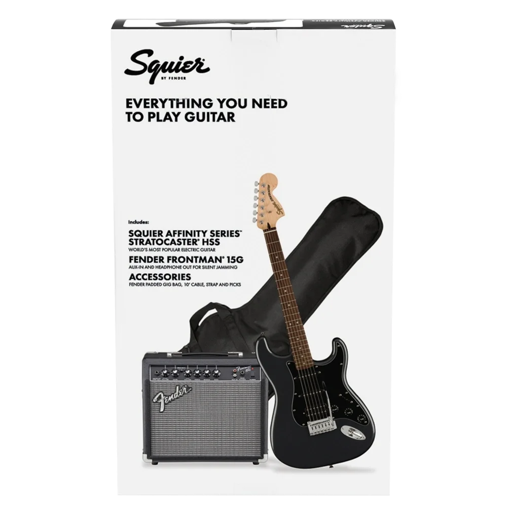 Squier Affinity Strat HSS Frontman 15G Amp Charcoal Frost Metallic Elektro Gitar Seti