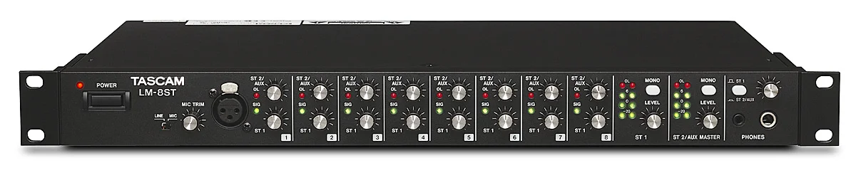 Tascam LM-8ST Line mixer, 8 stereo ins+mic/line in on front panel, 2 bal/unbal stereo outputs, 2 independent stereo busses, cascade I/O,