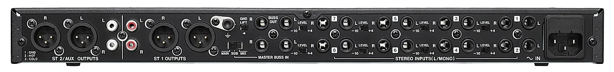 Tascam LM-8ST Line mixer, 8 stereo ins+mic/line in on front panel, 2 bal/unbal stereo outputs, 2 independent stereo busses, cascade I/O,